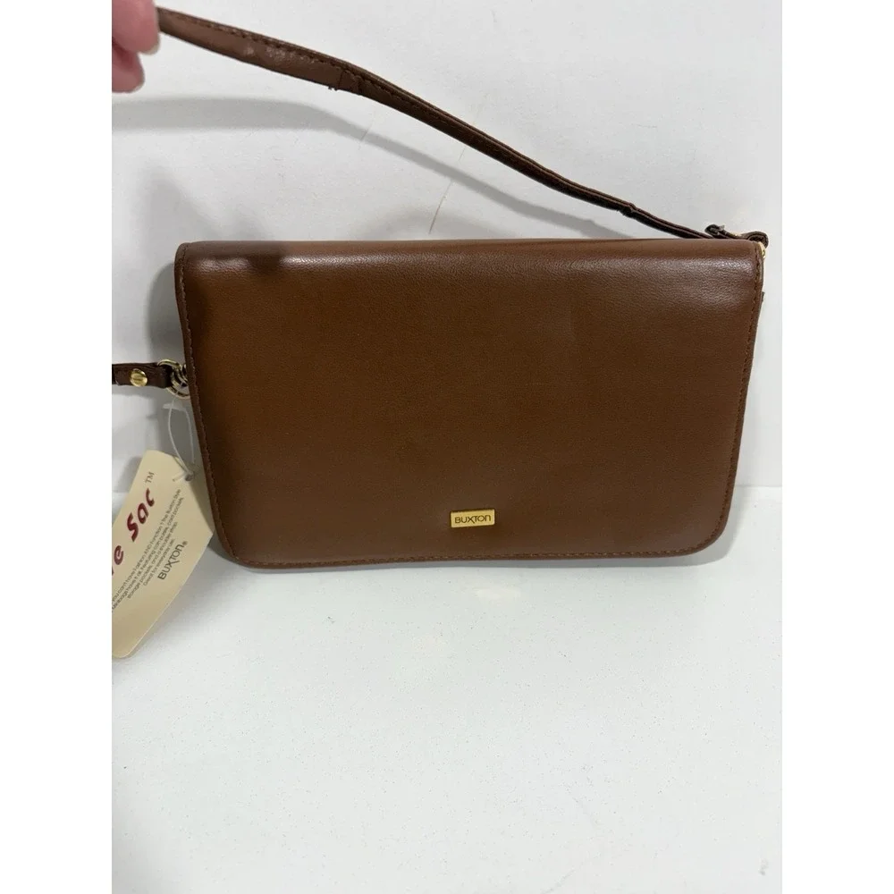 Buxton Women's Shoulder Brown & Gold Purse Wallet Cognac Detach Strap New Read**